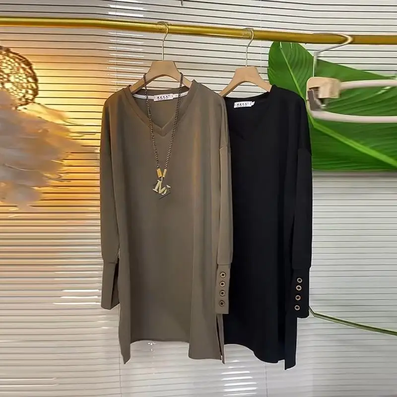 Spring Autumn Thin Long Sleeve Pullovers Women Oversized T-Shirts V-neck Casual New Solid Color Patchwork 2023 Women's Clothing