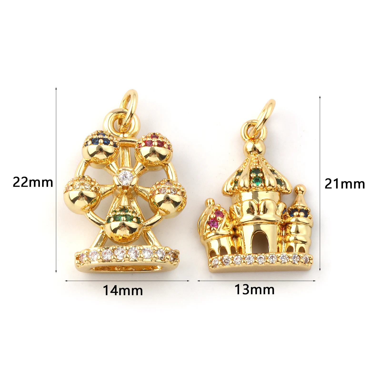 1 Piece Brass Fairy Tale Collection Charms 18K Gold Plated Multicolour Cubic Zirconia Ferris Wheel Castle Pendant Necklace DIY