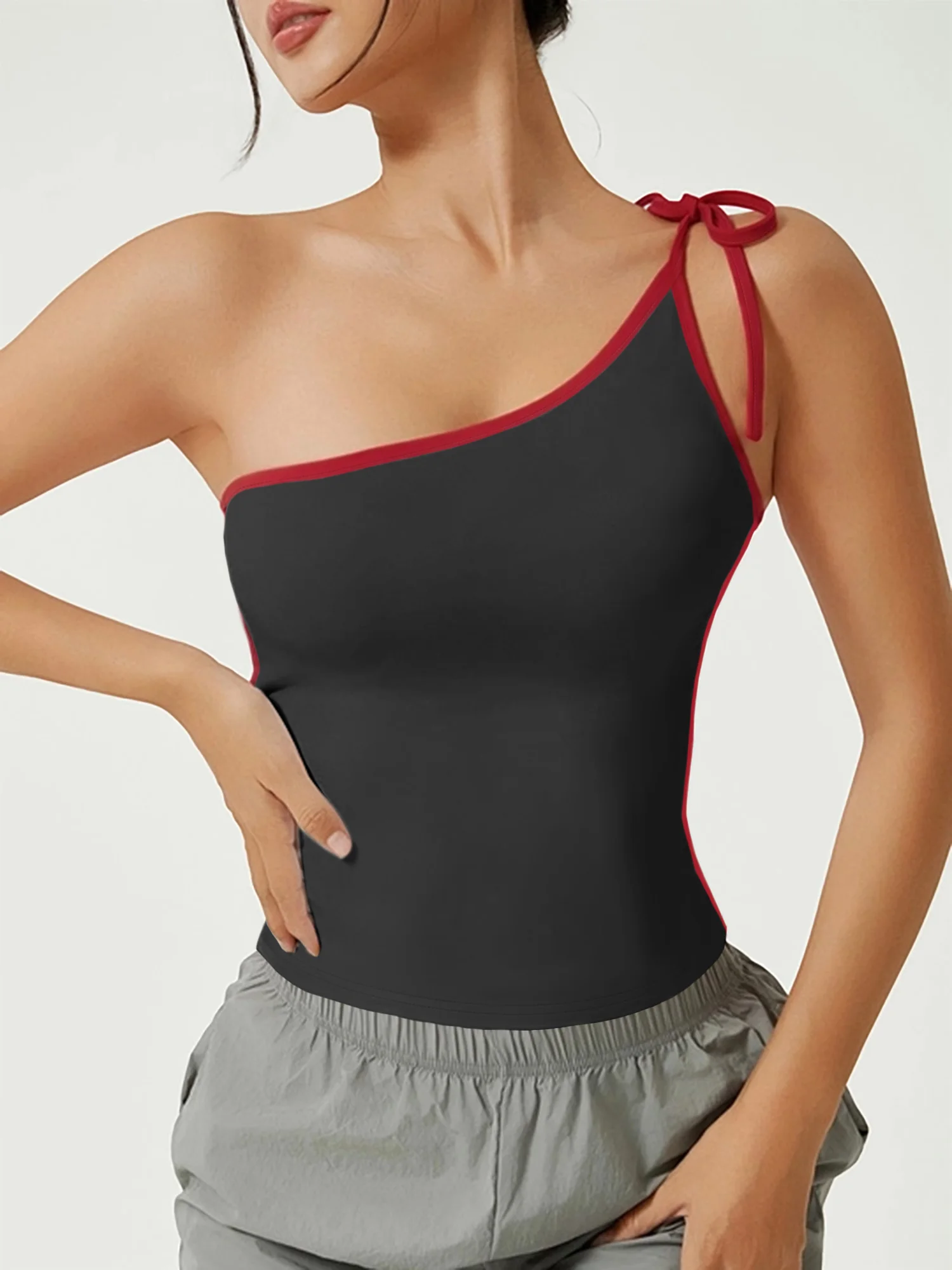Asymmetric One Shoulder Tie Strap Tank Top Women Red Contrast Trim Slim Fit Crop Cami Summer Y2K Sleeveless Vest