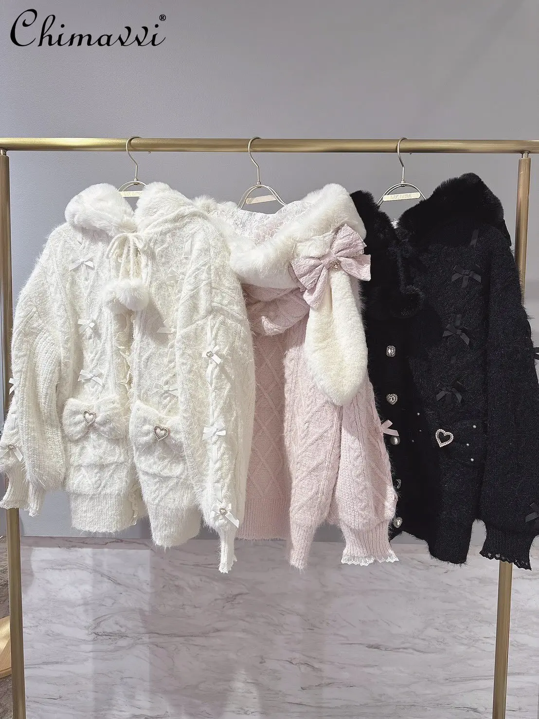 

Japanese Liz Sweet Bowknot Rabbit Ear Pom-Pom Knitted Plush Warm Sweater Coat Winter Sweet Girl Elegant Princess Cardigan Coat