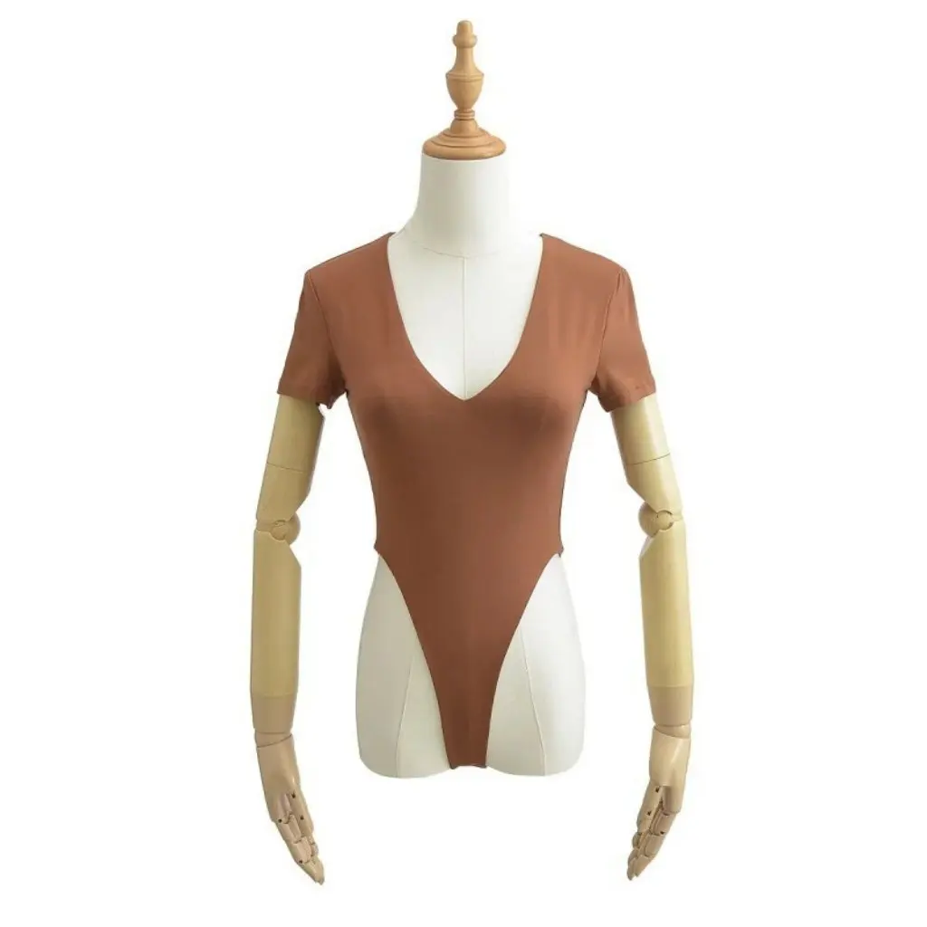 

Летний женский эластичный двухслойный комбинезон с v-образным вырезом и короткими рукавами, облегающая футболка в европейском и американском стиле с открытой спиной