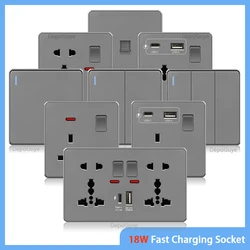 UK 13A with USB Type-c 18W Quick Charge Wall Power socket plug,Universal wall light switch Dual USB Electrical outlet AC110-250V