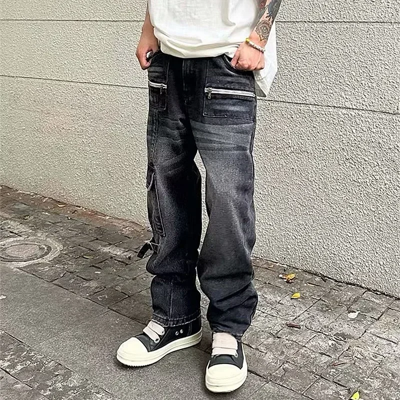 Y2K Streetwear Washed Black Zipper Baggy Cargo Jeans Pants For Men Clothing Straight Hip Hop Denim Trousers Pantalon Homme