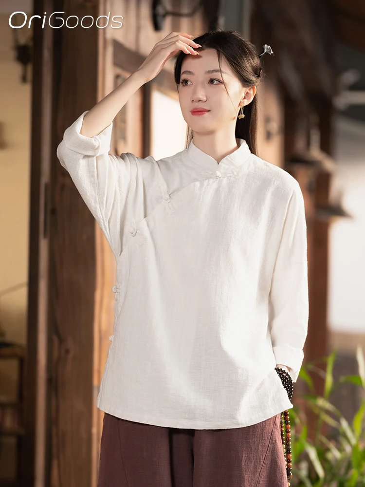 

OriGoods Long Sleeve Linen Shirt Woman Chinese Style Clothes Natural Fabric Loose Fit Shirt Vintage Frog Button Blouse C025