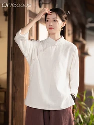 OriGoods Long Sleeve Linen Shirt Woman Chinese Style Clothes Natural Fabric Loose Fit Shirt Vintage Frog Button Blouse C025