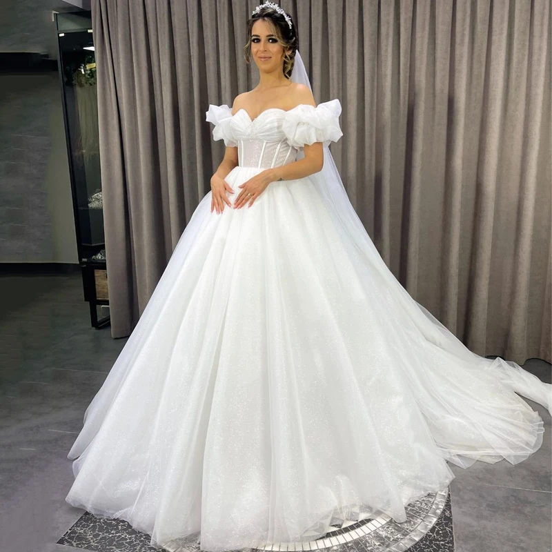 

Eightree White Wedding Dresses 2022 Off Shoulder Bride Dress Lace Up Back A-Line Tulle Princess Wedding Evening Gowns Plus Size