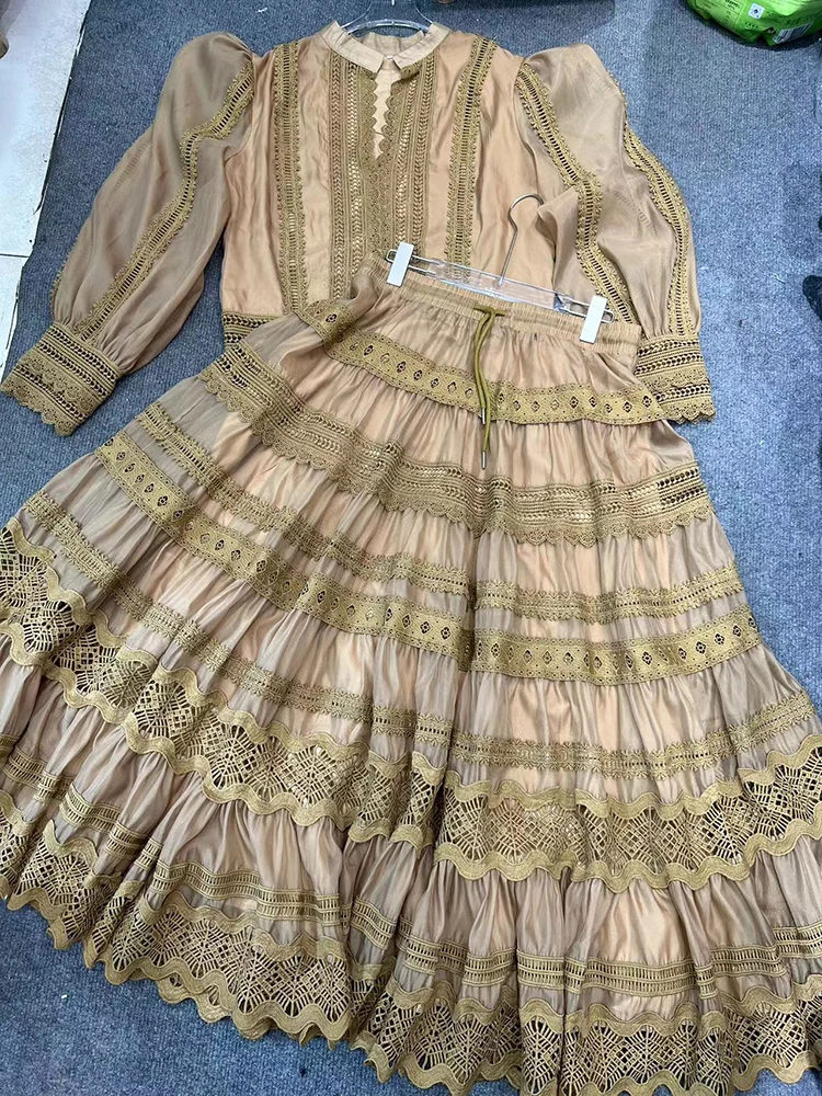 Imagem -03 - Vgh Sólido Emendado Renda Vintage Conjunto de Duas Peças para as Mulheres com Decote em v Lanterna Manga Superior Cintura Alta Saias Soltas Conjuntos Elegantes Feminino Novo