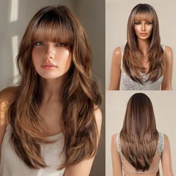 Medium Length Brown Synthetic Wigs Blonde Highlight Silky Straight Layered Wig Daily Hair for Women Heat Resistant Cosplay Wig