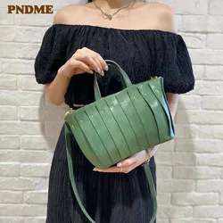 PNDME-Bolso de mano de cuero genuino para mujer, organizador de lujo, informal, cosido a mano, bandolera de hombro