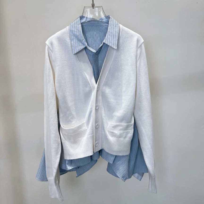 2025 Autumn Winter New Japanese Design Striped Color Block Fake Two-Piece Cardigan Side Split Women's Coat