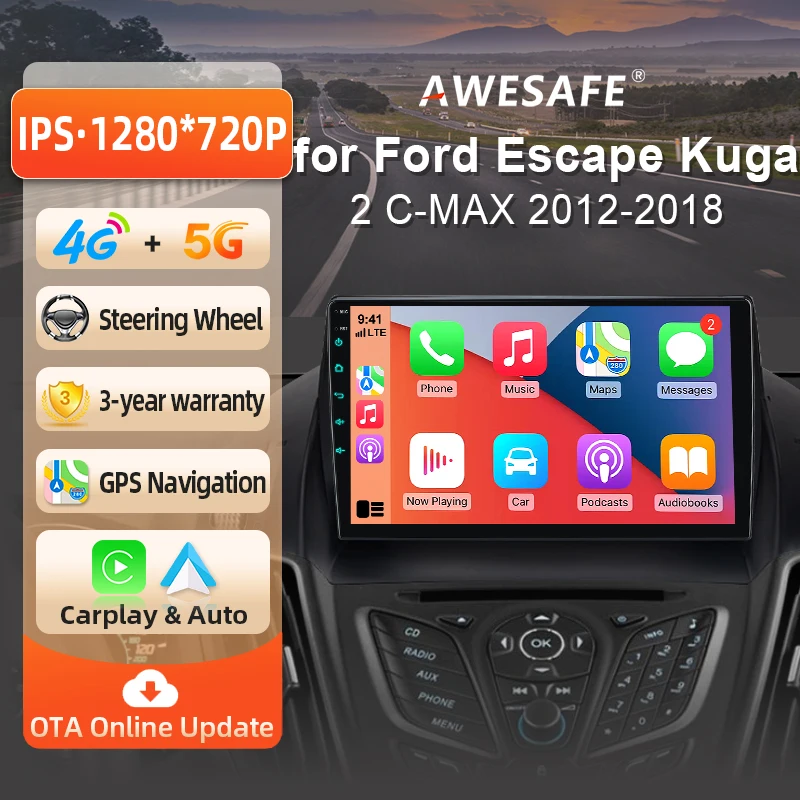 Autoradio sans fil AWESAFE CarPlay Android Auto pour Ford Escape Kuga 2 C-MAX 2012 2013 2014 2015 2016 2017 2018 2019 2 DIN Stéréo multimédia avec ventilateur de refroidissement intégré Navigation GPS SWC Bluetooth FM RDS DSP Écran IPS Systèmes intelligents pour voiture 4G WiFi