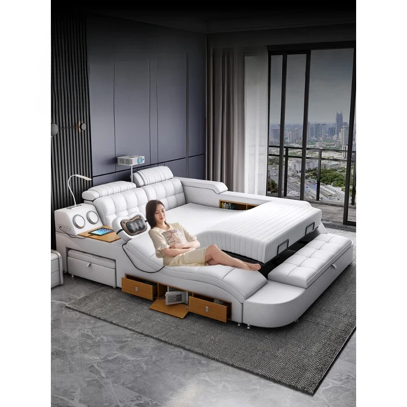 Multi functional intelligent bed with electric lifting adjustment, leather king size bed, modern and simple massage,tatami