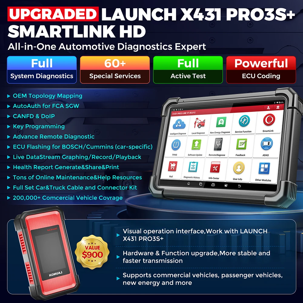 LAUNCH X431 PRO3S + SmartLink HD 12V 트럭 전체 시스템 진단 도구, ECU 코딩 활성 테스트 지지대, CANFD DOIP 2 년, 24V