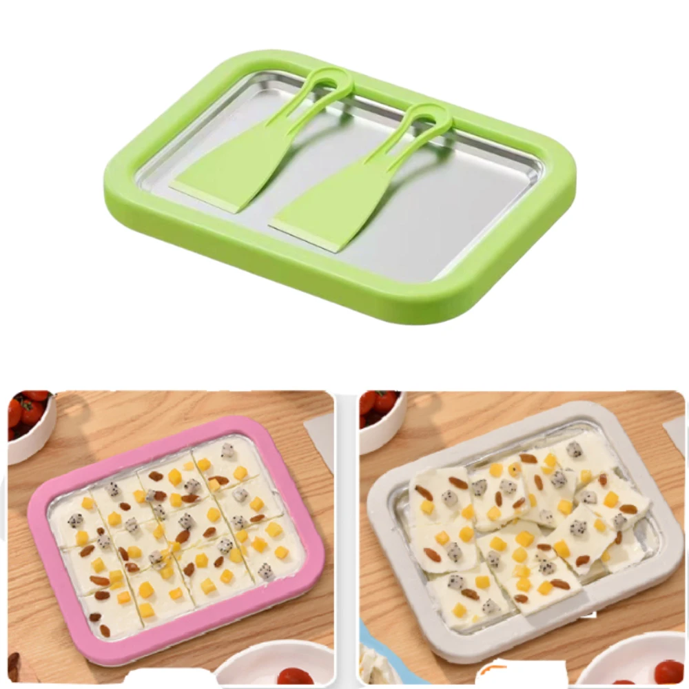 Sartén para hacer helados con 2 raspadores, plato para hacer helados, plato multifuncional duradero para comida frita dulce y fría para yogur DIY