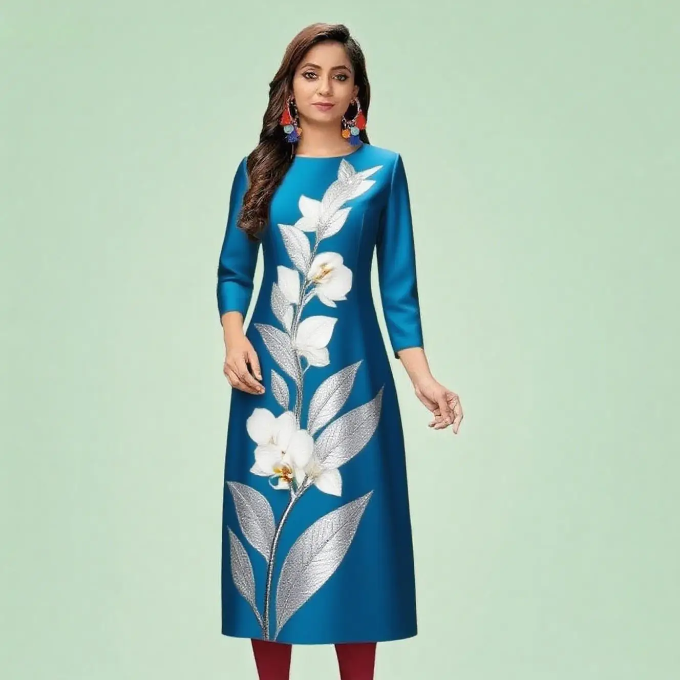 Kurt abito moda casual da donna a maniche lunghe tubo dritto casual etnico fiore bianco girocollo senso del design di dimensioni regolari