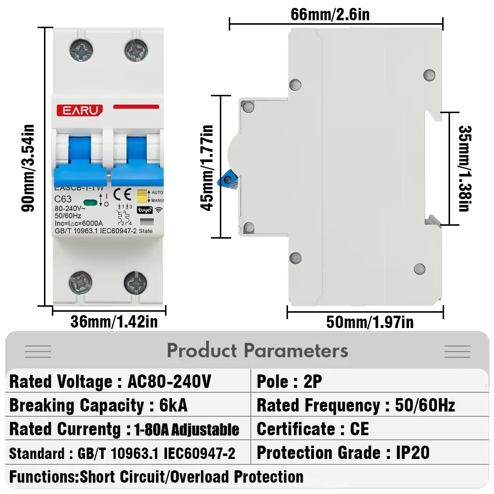 2P Tuya WiFi Smart Circuit Breaker MCB Timer Relay Switch Remote Control 1-80A Adjustable Power-off Memory Alexa Home Assistant