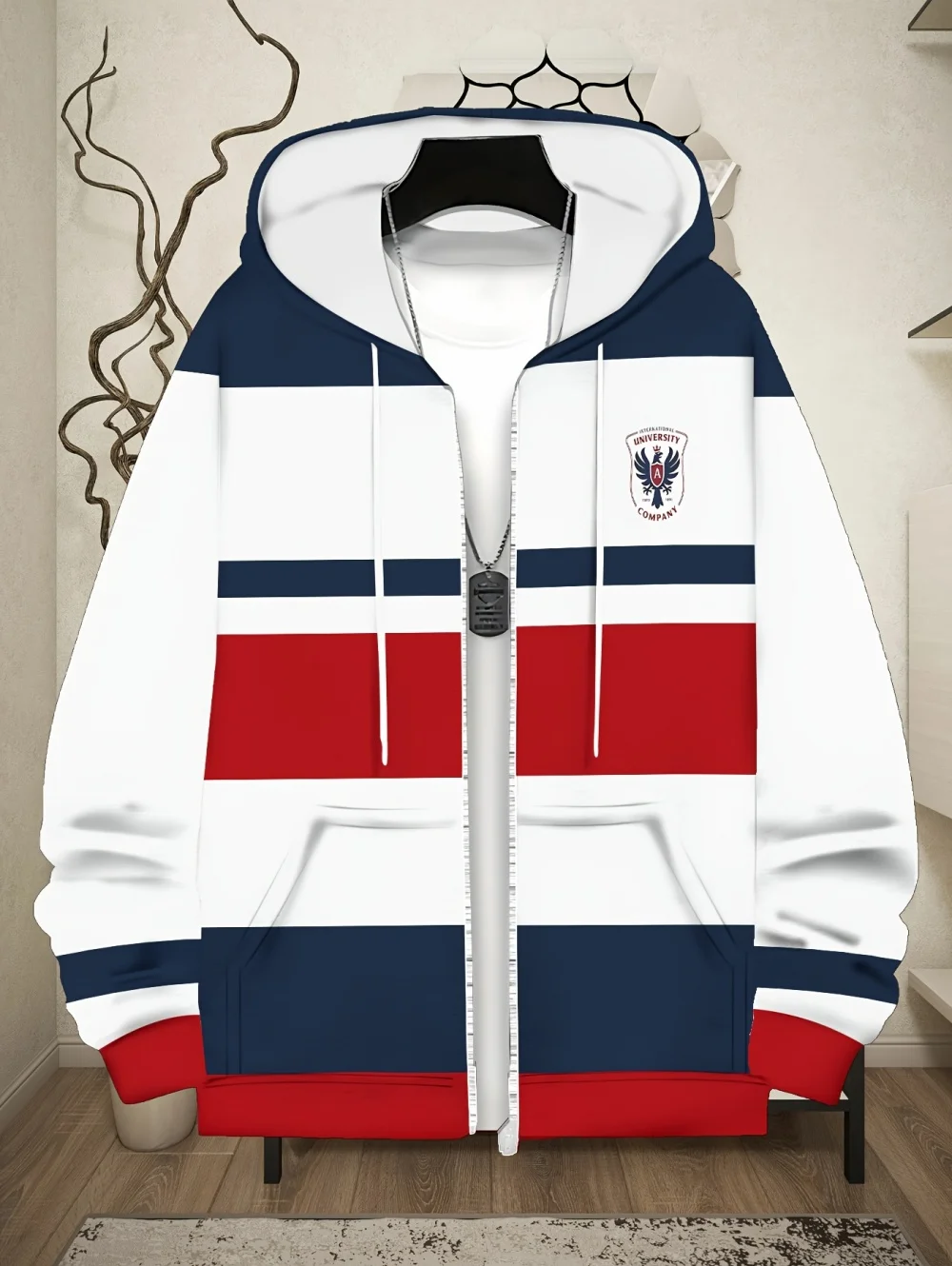 Mens Casual Striped Full Zip Hooded Sweatshirt Outdoor Wear Smooth Drawstring Hood Pockets Simple Striped Sports Man Clothing