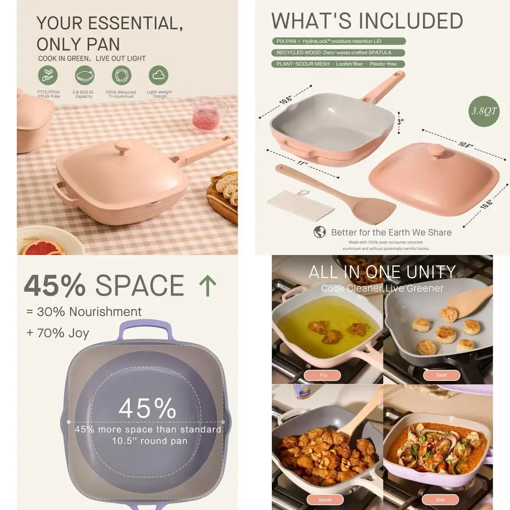 

10.5 3.8QT Ceramic Non-Stick Aluminum Sauté Pan with Lid, Wooden Spatula & Scrubber - Desert Clay