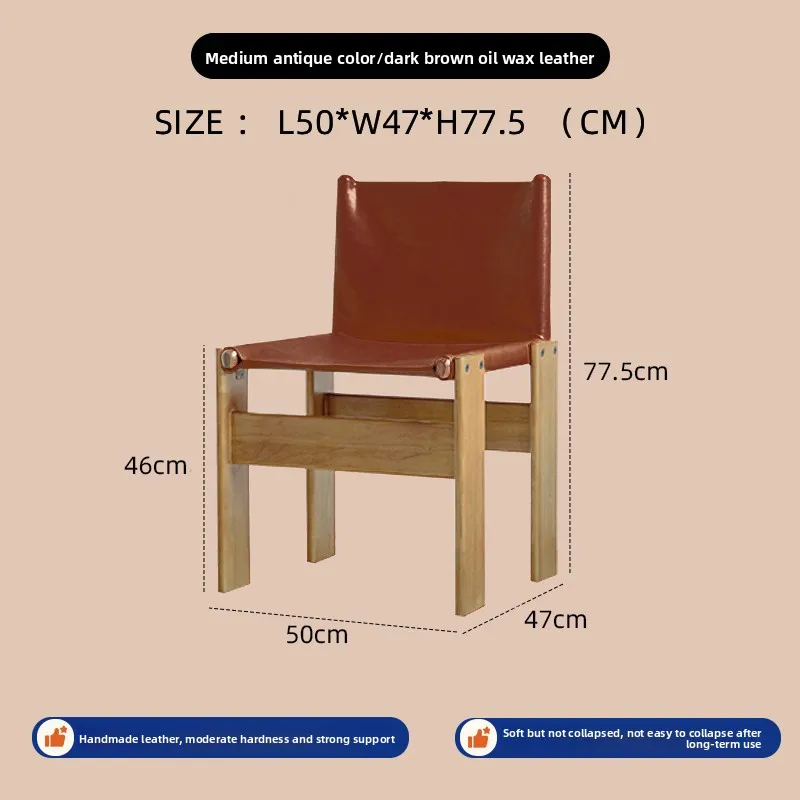 Krzesło do jadalni z litego drewna w stylu mid-century modern, tapicerowane woskowaną skórą, wygodne siedzisko do kuchni, restauracji, kawiarni.