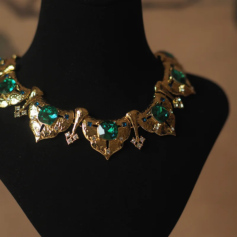 Edwardian 18K Gold Filled Filigree Emerald Choker Lavaliere Exaggerated Necklace For Women Waterproof Vintage Statement Jewelry
