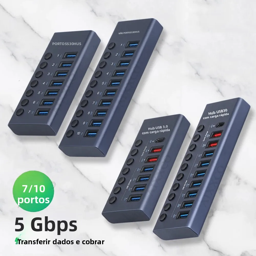AIXXCO 7/10 Ports USB 3.0 Hub Multi USB Splitter with Switch Power Adapter Multiple Expander for Laptop Accessories MacBook