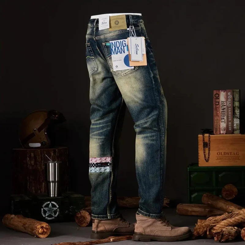 

Vintage American Heavyweight Denim Jeans for Men, Distressed & Ripped Design, Street Style Fashion Slim Straight Fit Retro Casua