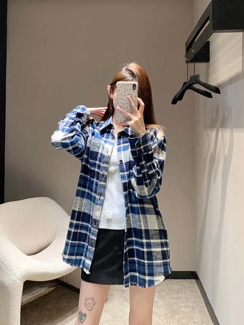 

College style women's shirt, fashionable, simple, energetic, youthful, loose, slimming, contrasting color checkered shirt