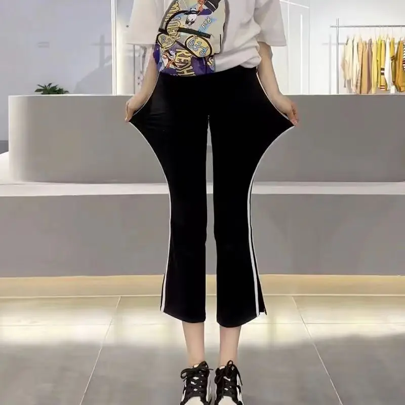 

2023 Women's Clothing Black Casual Spring Summer Thin Slim Simplicity Elegant Elastic Waist Spliced Bright Line Decoration Pants