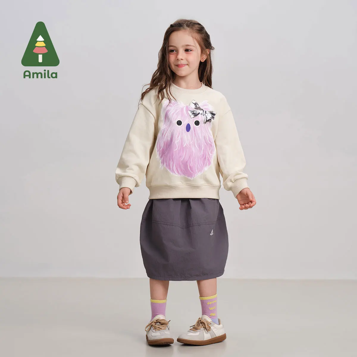 Amila Baby Sweatshirt 2024 Autumn New Boys And Girls Cartoon Round Neck Soft And Breathable Solid Color Children’s Pullover