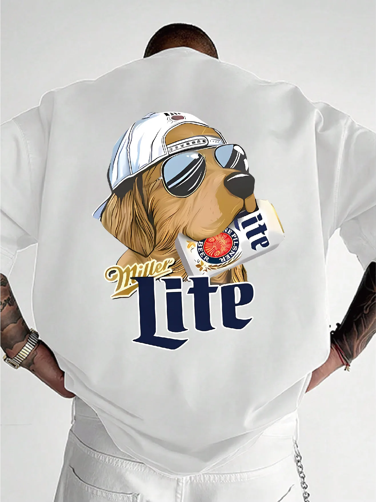 Camiseta de manga corta de moda blanca Miller Lite cerveza perro estampado fiesta Casual