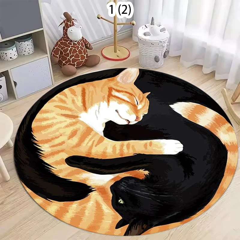 Cute Embracing Double Cat Pattern Round Area Rug Warm Lovely Style Non-Slip Floor Carpet for Living Rooms Home Decor Areas