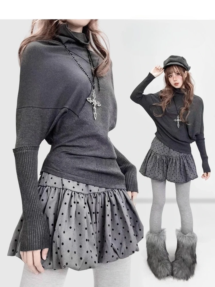 American Style Grey Half High Neck Irregular Knitted Sweater Slim Fit Thin Style Sweater Women Subculture Y2k Casual Pullovers