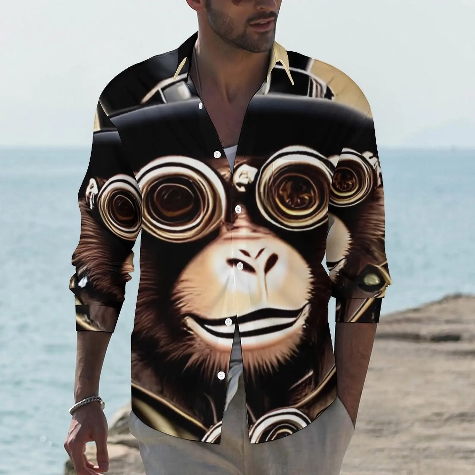 

Steampunk Monkey Casual Shirts Man Cute Animal Print Shirt Long Sleeve Vintage Harajuku Blouses Autumn Design Clothes Big Size