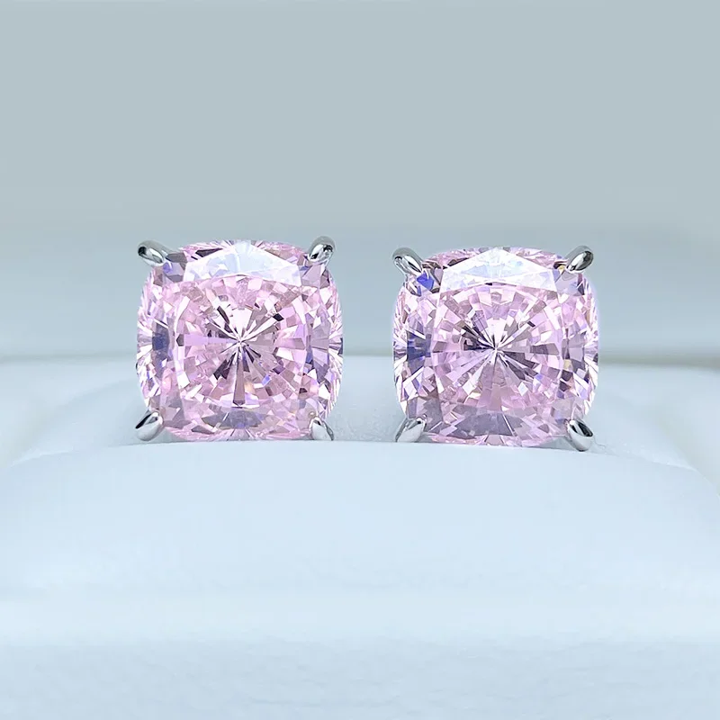 5 Carat Cherry Blossom Pink Diamond S925 Silver Earrings Imported High Carbon Diamond Fat Square Earrings Engagement Jewelry