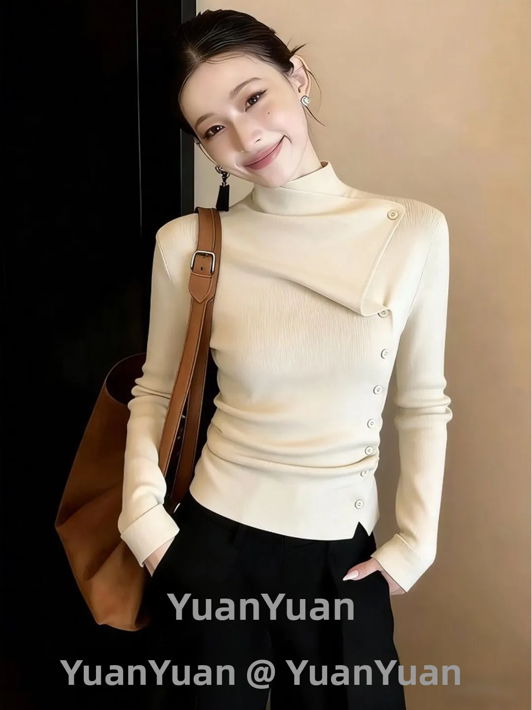 Asymmetric High Collar Knitted Sweater Women's Slim Fit Design Casual Style Long Sleeve Polyester Fiber Fashion Autumn Winter