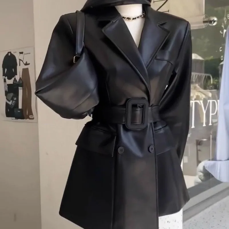 Giacca in pelle elegante retrò con temperamento moda marrone da donna manica lunga moda autunnale cappotto blazer femminile slim fit