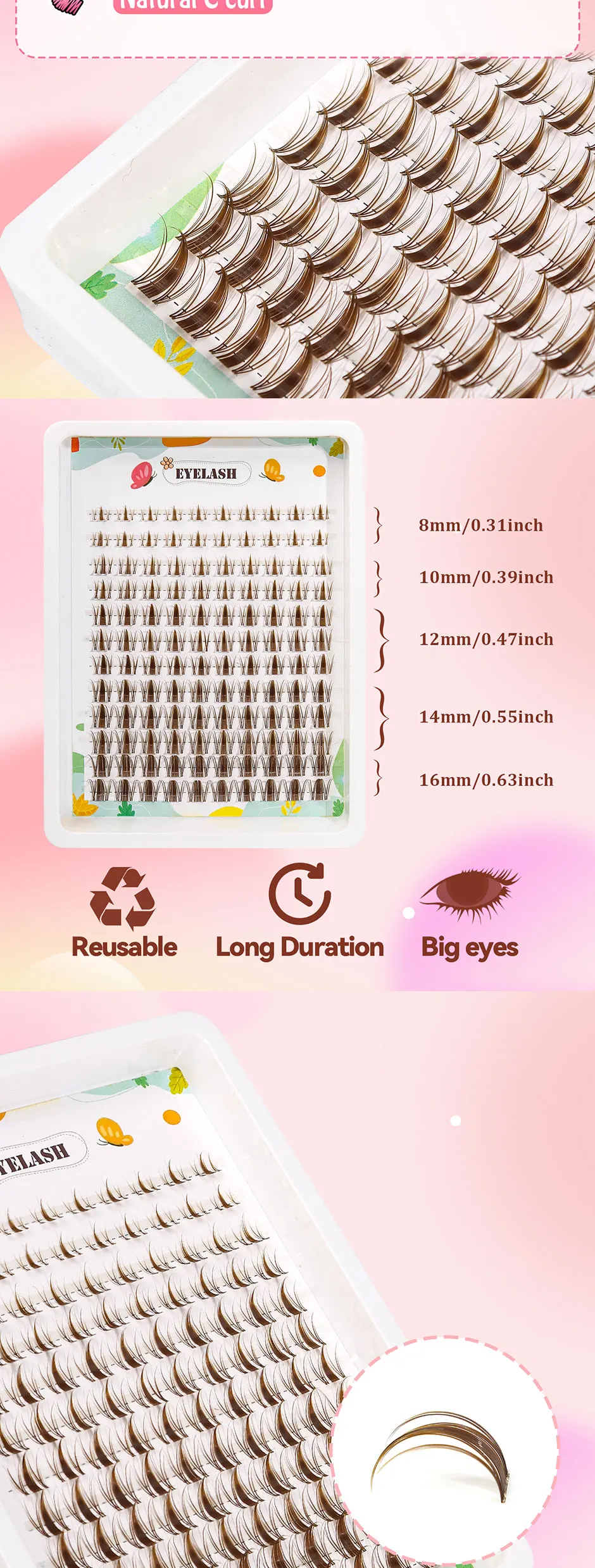 120 braune Wimpern-Büschel, Manga-Wimpernbüschel, spitz zulaufende D-Curl Fairy-Style Wimpernverlängerungen, 8-16mm Anime Einzelbüschel Wimpernverlängerungen, geeignet für DIY-Wimpern-Anfänger – Detail 2