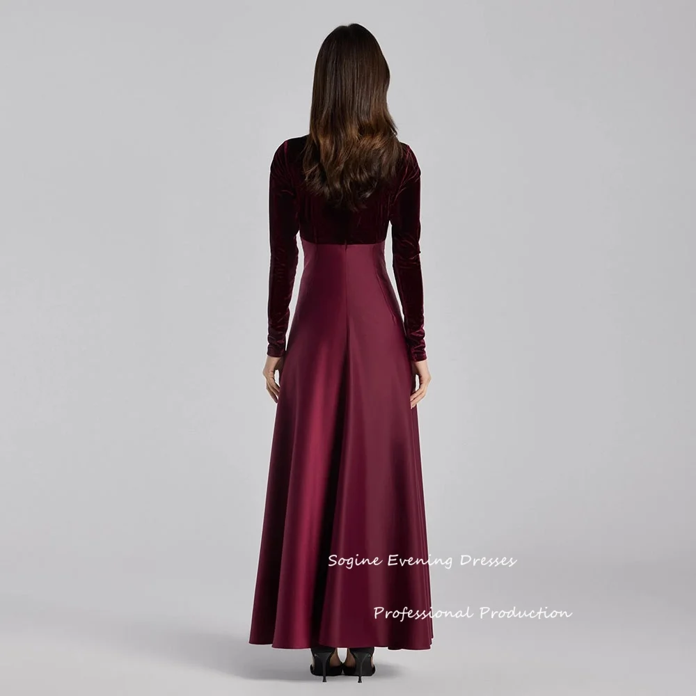 فساتين سهرة مخصصة من الساتان المخملي للنساء بخصر عالٍ على شكل حرف a وأكمام طويلة للحفلات الراقصة فساتين رسمية بطول الكاحل منخفضة