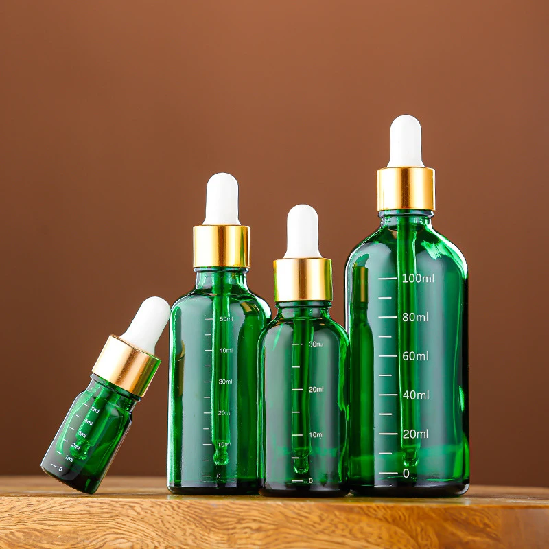 Bottiglie contagocce da 5 ml-100 ml con reagente in scala Goccia per gli occhi Bottiglia per pipetta liquida per aromaterapia in vetro verde Bottiglie riutilizzabili da viaggio