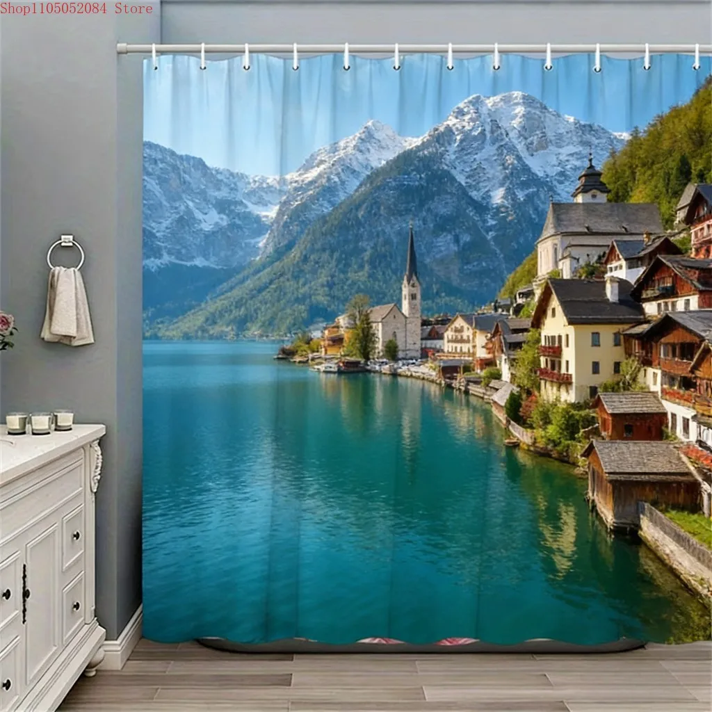Alpine Lake Village Shower Curtain Polyester Printed Home Decor Landscape Theme Interior Design Scenic Style