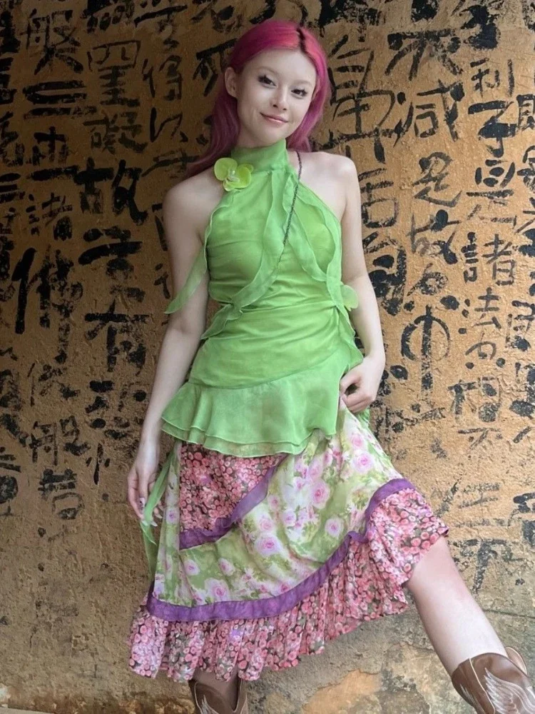 Y2k-Top con cuello Halter para mujer, Top Sexy estético sin mangas con volantes irregulares, camisola ajustada Grunge con flores 3d Vintage Harajuku
