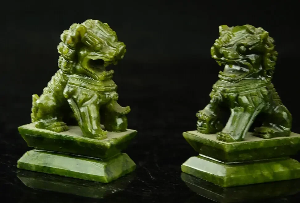 Rare A pair of 100% China natural green jade hand-carved statues fo dog lion