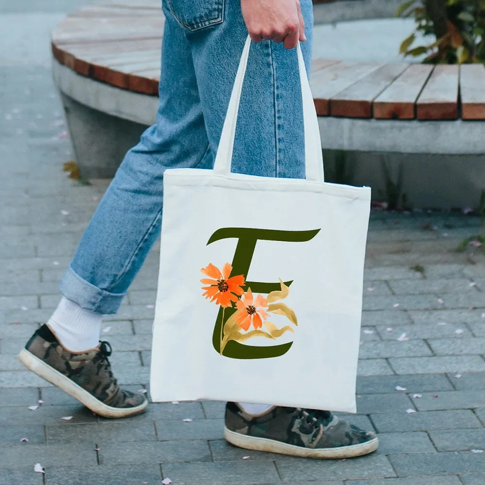 Fashion Shopping Bag Green Initials Print Casual Canvas Bag Shoulder Bags Reusable Handbag Casual Shopper Tote Bag Party Gifts