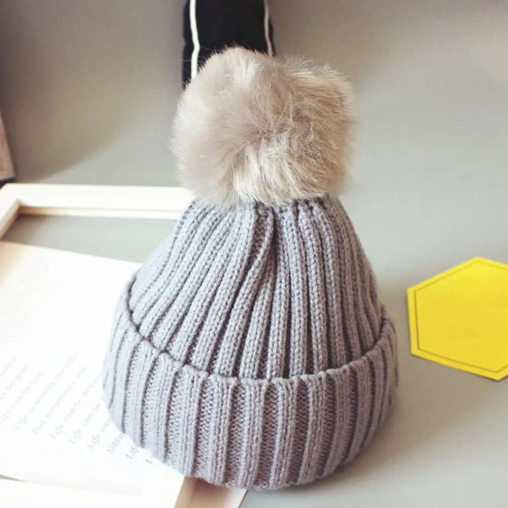 4-8Y Winter Children Knitted Hat Thickened Faux Fur Ball Decor Unisex Hat Solid Color Warm Outdoor Headwear For Colid Weather