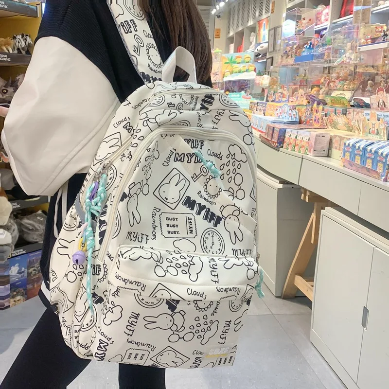 School Bag for Female High Students Korean Version Is Fresh and Cute, Printed Large-capacity Backpack Ins College Backpack