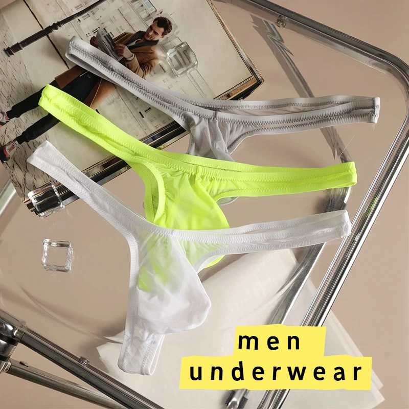 Sexy Fully Transparent U Convex Pouch Thong Men Ice Silk Seemless T-shaped G-string Ultra-low Waist Perspective Man Underwear