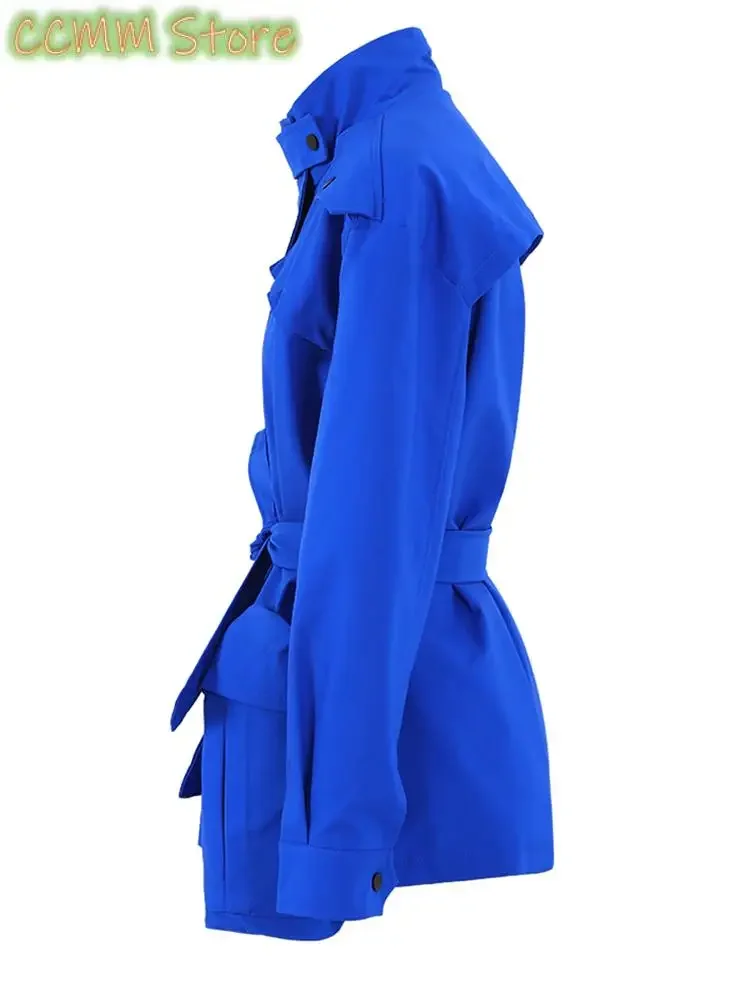 Women Beige Belted Big Size Casual Trench New Stand Collar Long Sleeve Loose Windbreaker Fashion Tide Spring Autumn