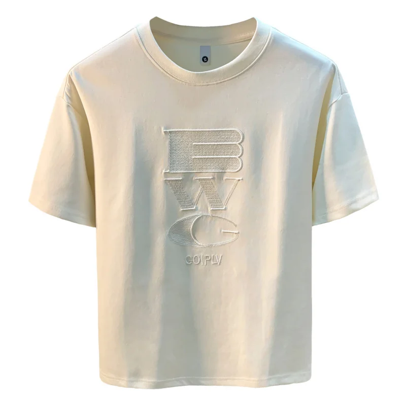 Trendy brand heavyweight minimalist men's T-shirt 2025 summer new loose and breathable embroidered half sleeved round neck top