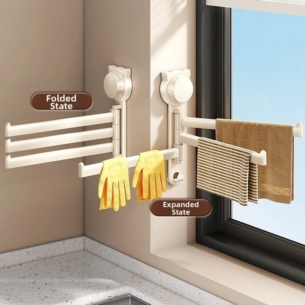 Suction Cup Rotating Towel Rack 180° Rotatable No Drill Dishcloth Draining Rack Multi-Rod Wall Mount Towel Hanging Holder Hotel 2