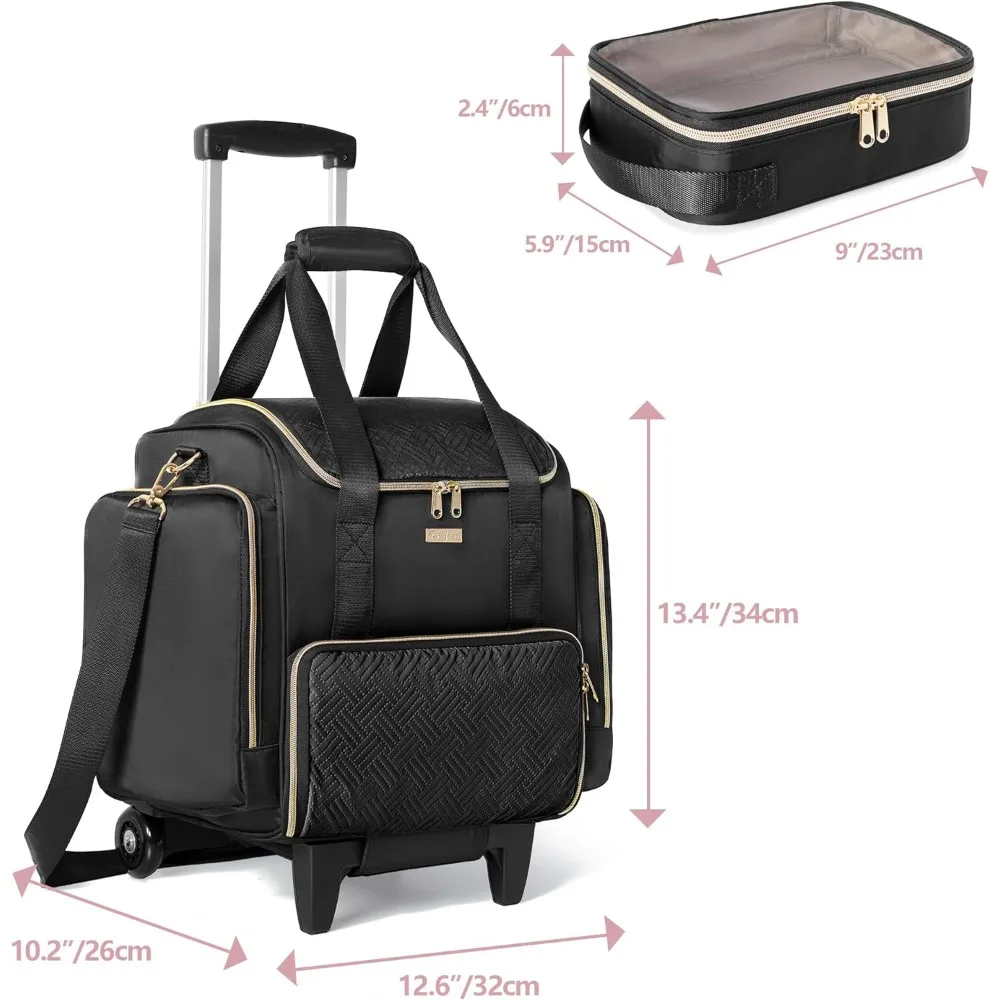 Trousse de maquillage professionnelle à roulettes avec 4 sacs amovibles, roulettes et rangement pour pinceaux au design breveté noir